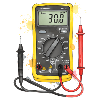 A yellow multimeter with probes displaying a reading of 3.0.0 and various settings visible on transparent background png