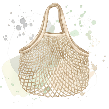 A reusable net bag with handles against a splattered neutral and light colored artistic background on transparent background png