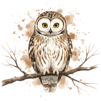 A watercolor style image of an owl perched on a branch with a neutral colored splatter behind it on transparent background png