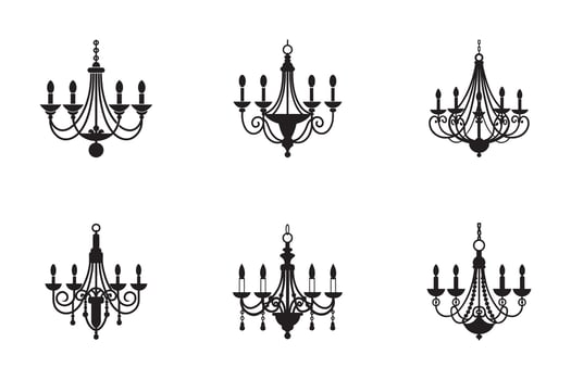 Elegant Chandelier Silhouettes Collection Decorative Lighting Fixtures for Interior Design Projects and Architectural Presentations vector
