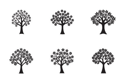 Six Ornamental Blossom Trees Silhouettes on White Background Minimalist Illustration Spring and Summer Design vector