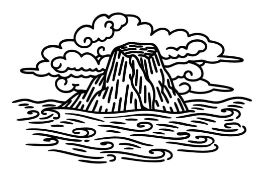Volcanic island outline with ocean waves and dramatic clouds black and white illustration, bold contour nature art vector