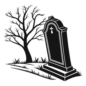 A black and white illustration of a tombstone and a tree vector