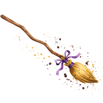 A broom with a wooden handle and a straw head tied with a violet ribbon on a transparent place on transparent background png