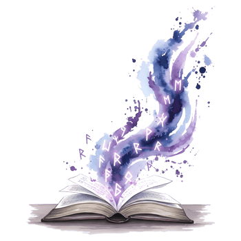 Open book emitting luminous runes and watercolor smoke against a plain colored canvas backdrop view on transparent background png
