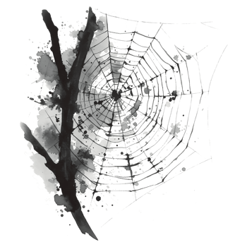 A watercolor painting of a spiderweb on a branch with a circular pattern and a monochrome color scheme on transparent background png