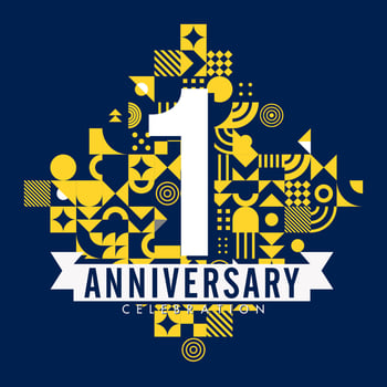 1 year anniversary logo isolated with ribbon and neo geometric vector