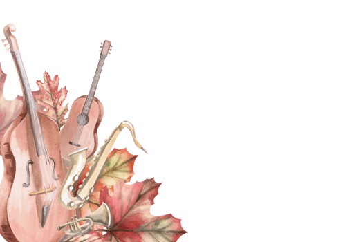 Rectangular frame with musical instruments and autumn leaves. Isolated watercolor illustration in realistic style for design of invitations, labels, cards and posters. png