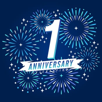 1 year anniversary with ribbon and fireworks sparkle background vector