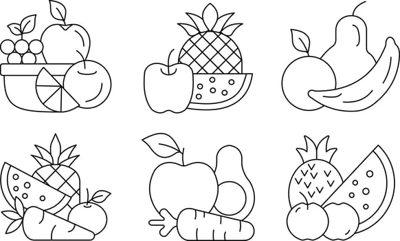 Fruit line editable icons set featuring pineapple, apple, pear, watermelon, grapes, orange slice, carrot, and banana for healthy food and drink themes vector
