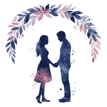 Watercolor couple holding hands under floral archway in shades of blue and pink on a solid backdrop on transparent background png