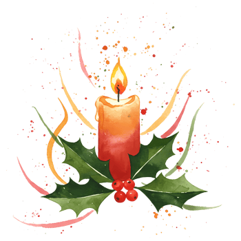 A festive candle with holly leaves and berries surrounded by colorful streamers and confetti design on transparent background png