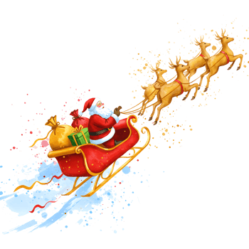 A festive scene of santa claus riding in his sleigh pulled by reindeer with gifts and snow trails behind on transparent background png
