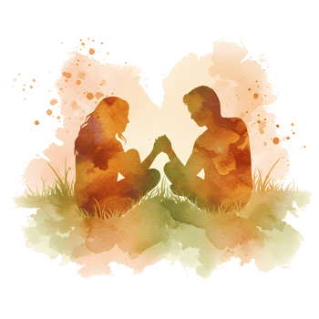 Watercolor couple sitting in grass holding hands with orange and yellow textured fill inside figures on transparent background png