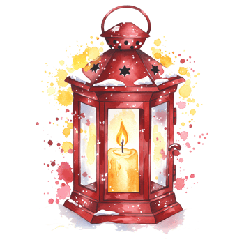 A festive red lantern with a burning candle inside surrounded by watercolor splashes and snow details on transparent background png