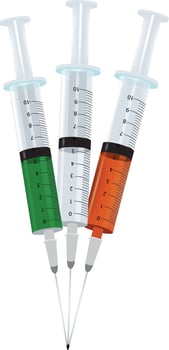 Three syringes filled with colorful liquid forming a triangle vector