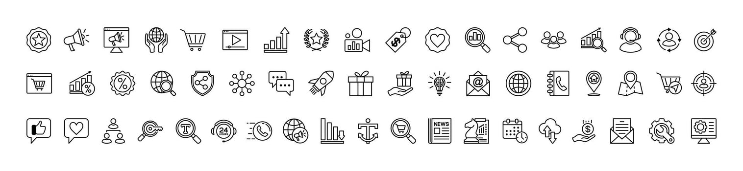 Digital marketing line icons set. Advertising, business, ranking, shopping, seo, social media, data analytics, e-commerce, network, presentation, website, strategy, chart and other vector