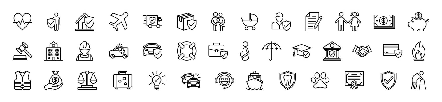 Insurance thin line icons set. Insurance icon collection with editable stroke. Home, health, family, document, protection, money, agreement, business, safety, property, accident and other vector