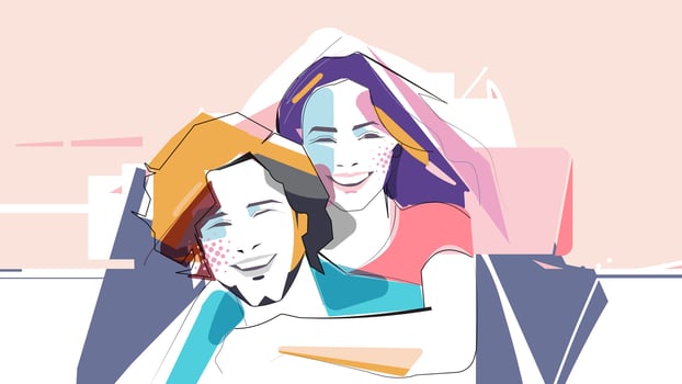 Illustration of a loving couple hugging. Modern design with pastel color. A man and woman character in love. Graphic design for greeting card, valentine day, romantic, love and happiness vector