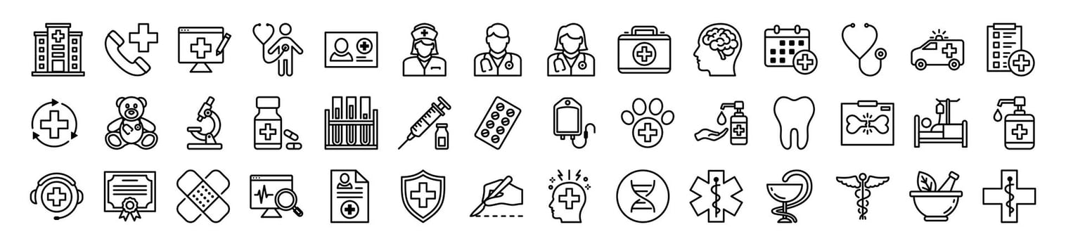 Medical care thin line icons set. Medicine and Health care icon symbols collection. Red cross, hospital, heartbeat, caduceus, pharmacy, doctor, ambulance, dentist, lab and other. Illustration vector