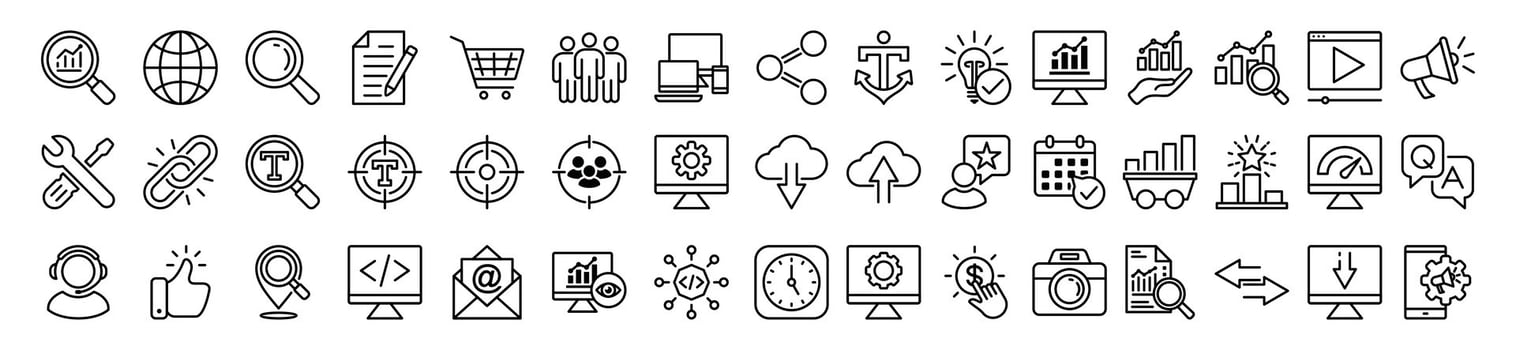 SEO line icons set. Search Engine Optimization icon symbol collection. Search, analytics, marketing, analysis, traffic, link, development, optimization, websites, social media, business, and other vector