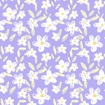 fresh pattern featuring delicate white flowers with yellow centers and soft green leaves, set against a pastel purple background, perfect for spring and nature themed designs vector