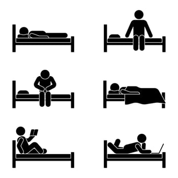Stick figure man different position in bed. Illustration of dreaming, sitting, sleeping person icon symbol sign set pictogram on white vector