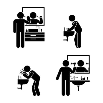 Personal hygiene stick figure man bathroom set. Illustration of teeth brushing, washing hands and face, hair drying pictogram vector