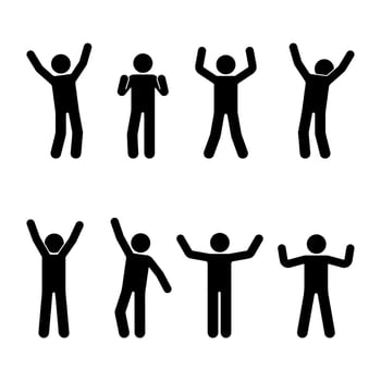 Stick figure man people happiness, freedom, motion set. Illustration of celebration poses hands up pictogram vector