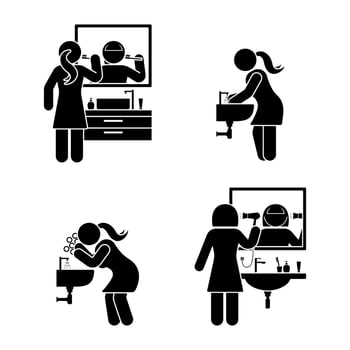 Personal hygiene stick figure woman bathroom set. Illustration of teeth brushing, washing hands and face, hair drying pictogram vector