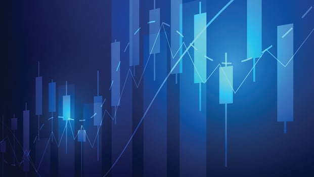 finance and business investment. candlesticks and bar graph on blue background. economy growth vector