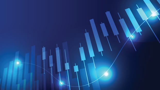 finance background. stock market candlesticks chart and bar graph. business and economy growth vector