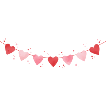 A garland of watercolor hearts hanging on a string with confetti on a transparent background isolated png