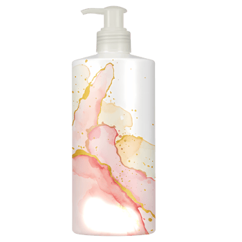 A pump bottle with a white body and pink and gold watercolor design on a solid color space around it on transparent background png