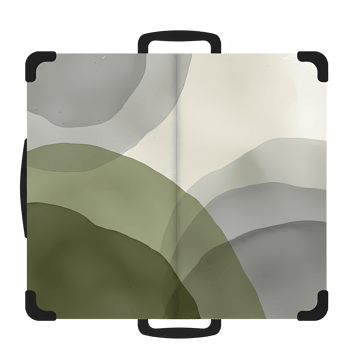 Abstract watercolor design on a suitcase with corner protectors and handle against a solid color on transparent background png