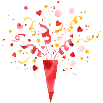 A festive party popper with confetti and streamers in shades of red pink and gold on a plain backdrop on transparent background png
