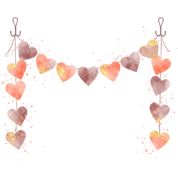 Watercolor hearts garland hanging with glitter accents for festive decoration and celebration design use on transparent background png