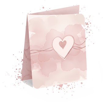 Watercolor card with a heart cutout and string tied around it on a white surface with splatters on transparent background png
