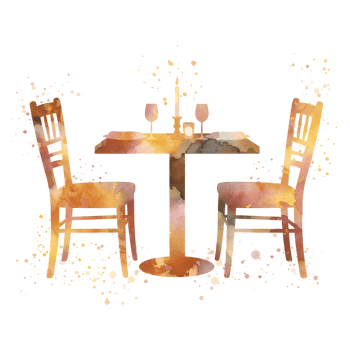 Watercolor table setting with two chairs wine glasses and candle holder artistic representation style on transparent background png