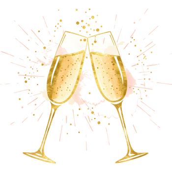 Two champagne flutes toasting with golden liquid and confetti on a neutral colored canvas style design on transparent background png