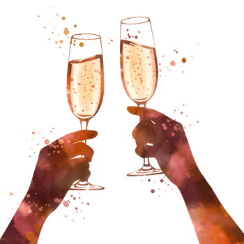 Two champagne flutes held by watercolor hands against a plain backdrop in a celebratory toast scene on transparent background png