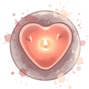 A heart shaped candle with two wicks and a soft glow surrounded by watercolor splashes of pink hues on transparent background png