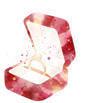 Watercolor style ring in a red and gold box with sparkles around it on a transparent background png