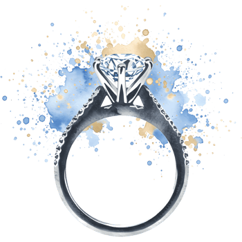 A shiny silver ring with a large diamond on a watercolor splash design against a solid color space on transparent background png