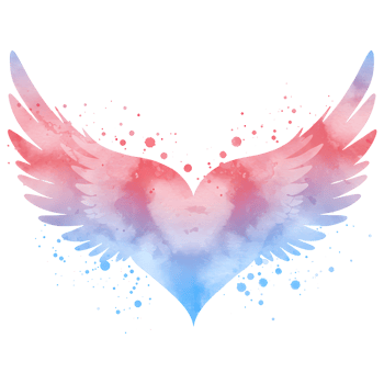 A watercolor heart with wings fading from red to blue against a plain colored canvas design element on transparent background png
