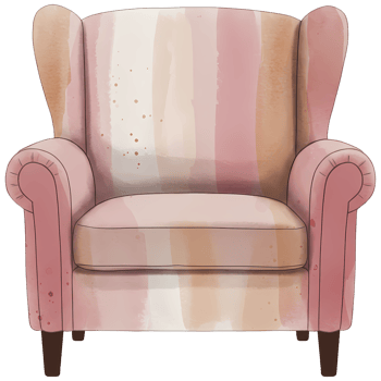 A watercolor style drawing of a pink wingback chair with light and medium pink and cream stripes on transparent background png