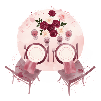 Top view of a round table set for two with flowers wine glasses and plates in a watercolor style on transparent background png