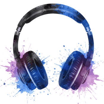 Artistic headphones with blue and purple paint splatters on a plain colored canvas design element on transparent background png