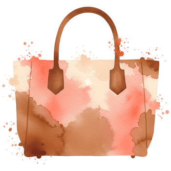 A watercolor style tote bag with brown handles and a peach and tan color palette on a transparent space on transparent background png