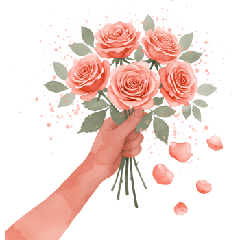 A hand holding a bouquet of peach colored roses with green leaves and scattered petals around it art on transparent background png